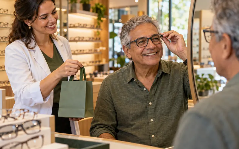Cliente idoso sorrindo ao experimentar óculos novos no espelho enquanto a vendedora lhe entrega uma sacola.