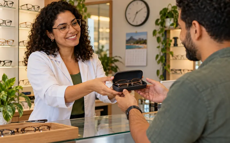 Cliente recebendo os óculos prontos em um estojo no balcão, com relógio e calendário ao fundo.