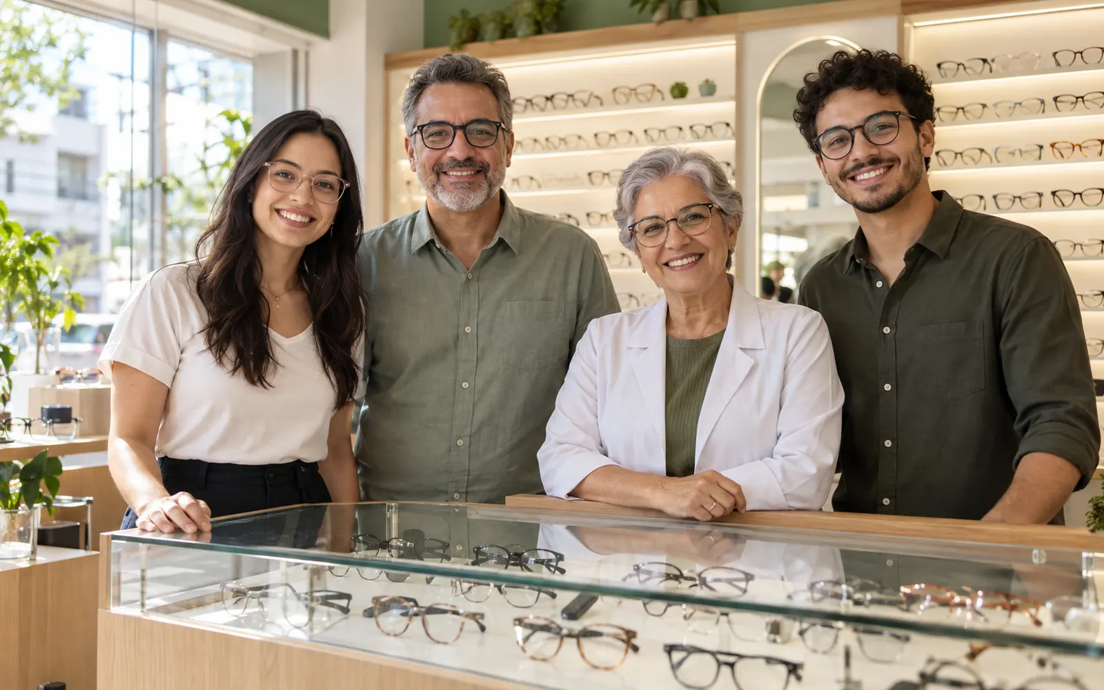 Equipe de quatro pessoas diversas sorrindo atrás do balcão de uma ótica.