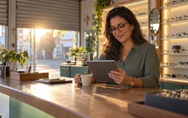Dona de ótica lendo notícias no tablet com um café antes de abrir a loja, com a luz da manhã entrando.
