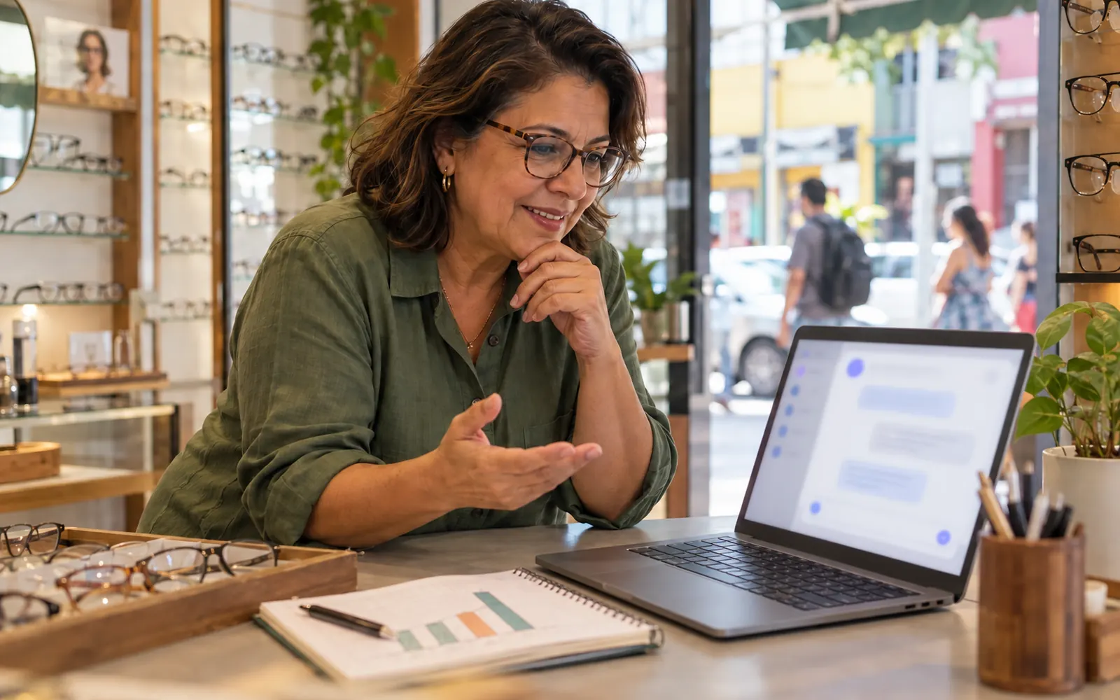 Dona de ótica usando um assistente de IA no notebook no balcão da loja, como a maioria dos pequenos negócios.