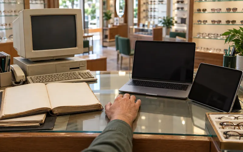 Balcão de ótica com um lado de cadernos e computador antigo e outro com notebook e tablet modernos.