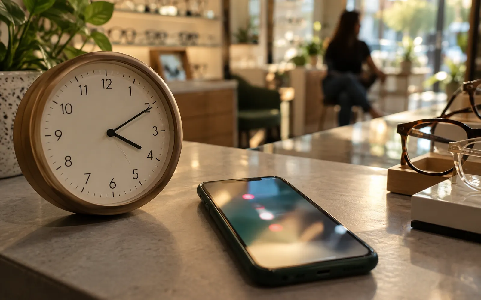 Relógio de parede e celular com várias notificações sobre o balcão de uma ótica, com uma cliente esperando ao fundo.