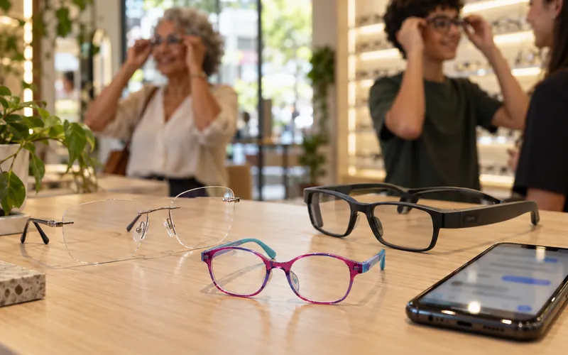 Mesa de exposição com lente multifocal, óculos infantil, óculos inteligente e celular, as tendências da ótica para 2027.