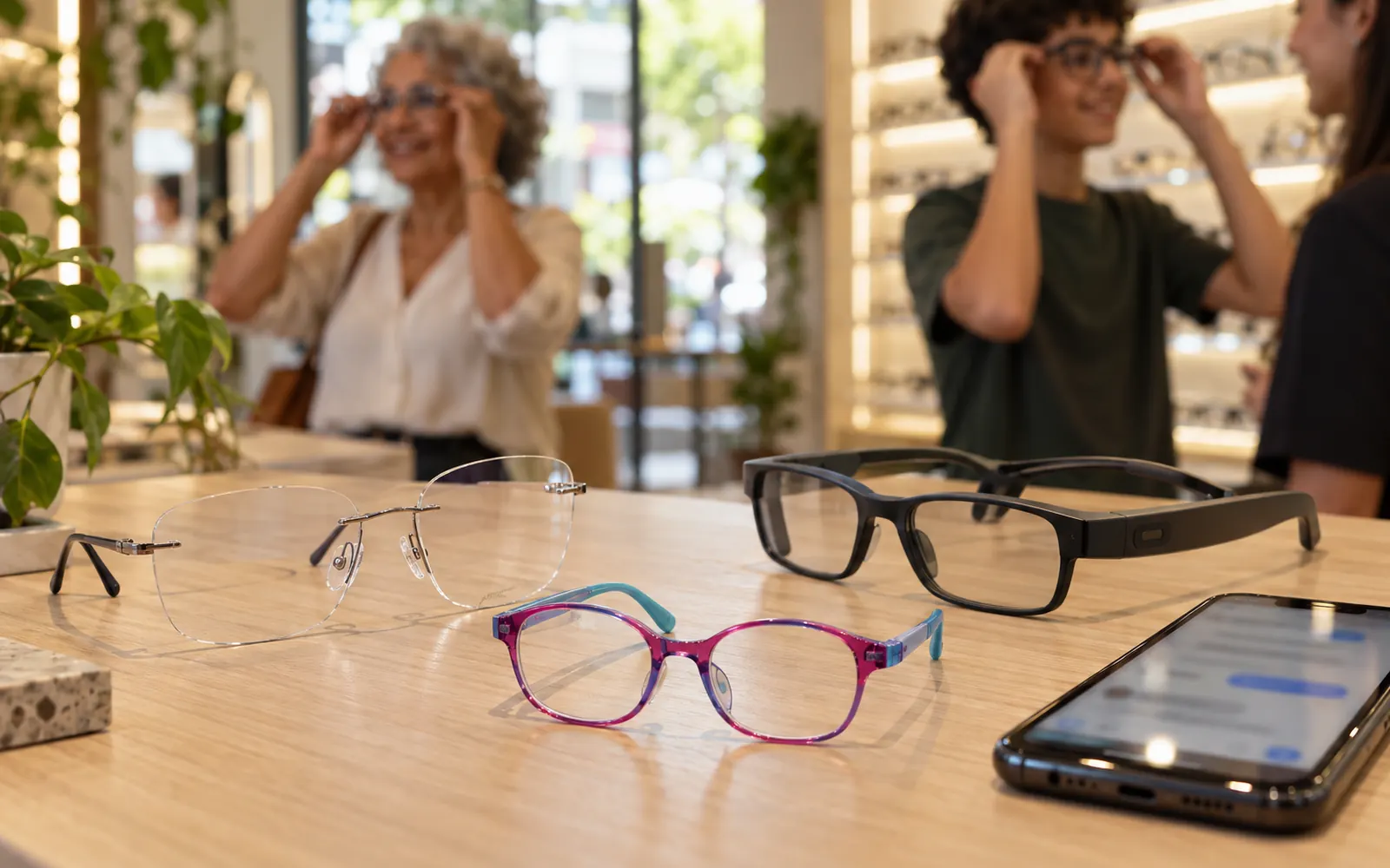 Mesa de exposição com lente multifocal, óculos infantil, óculos inteligente e celular, as tendências da ótica para 2027.