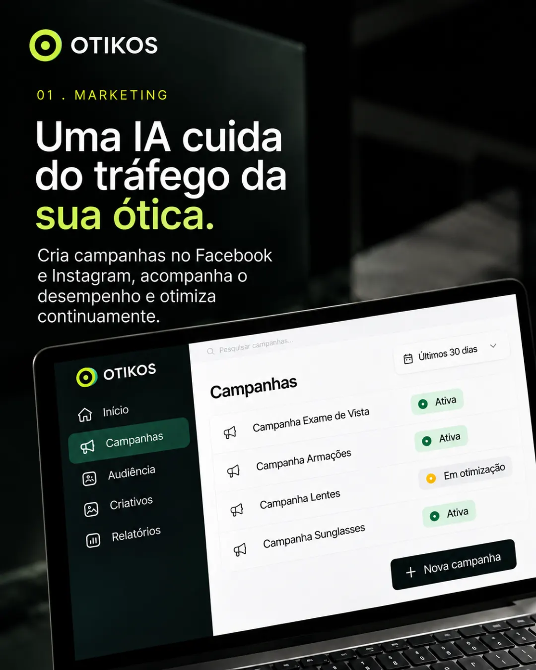 01. Marketing: uma IA cuida do tráfego da sua ótica. Cria campanhas no Facebook e Instagram, acompanha o desempenho e otimiza; tela de campanhas do Otikos com exame de vista, armações e lentes.