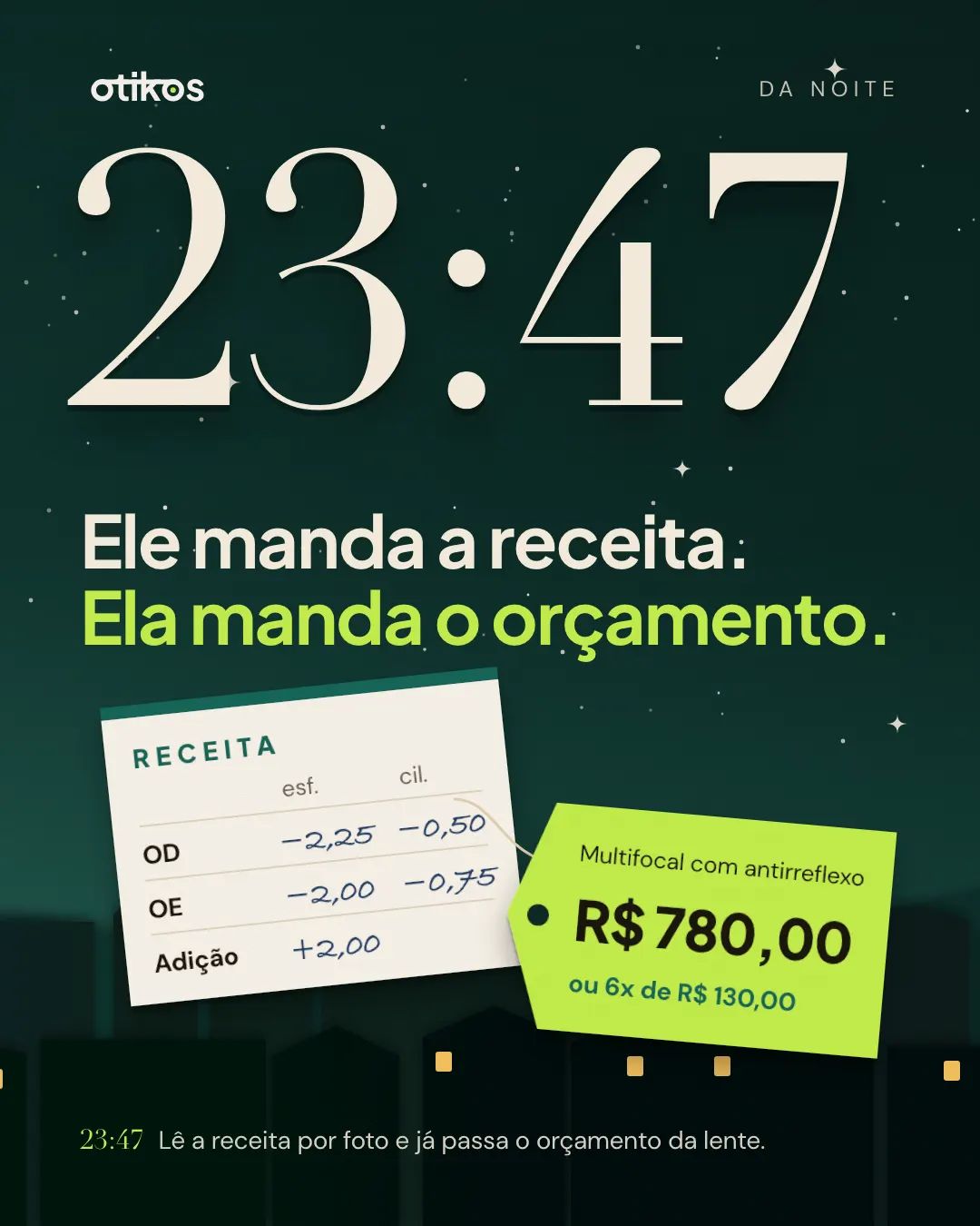 Slide 23:47: ele manda a receita, ela manda o orçamento. Receita com OD, OE e adição ao lado de uma etiqueta de exemplo de multifocal com antirreflexo.