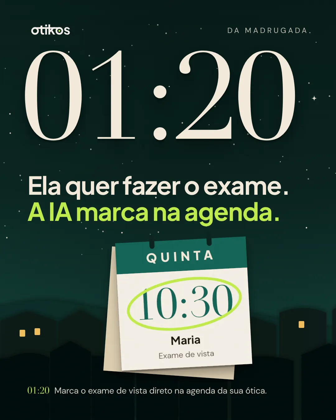 Slide 01:20 da madrugada: ela quer fazer o exame, a IA marca na agenda. Calendário com exame de vista na quinta às 10:30.