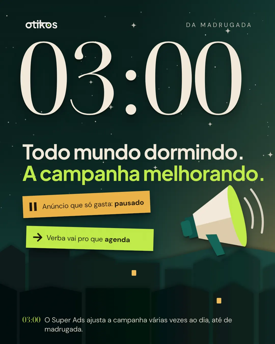 Slide 03:00 da madrugada: todo mundo dormindo, a campanha melhorando. Anúncio que só gasta pausado e verba indo para o que agenda.
