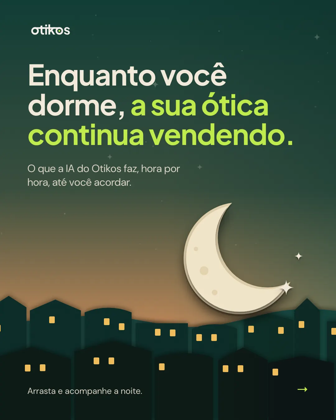 Capa do carrossel: Enquanto você dorme, a sua ótica continua vendendo. O que a IA do Otikos faz, hora por hora, até você acordar. Lua sobre casas iluminadas.