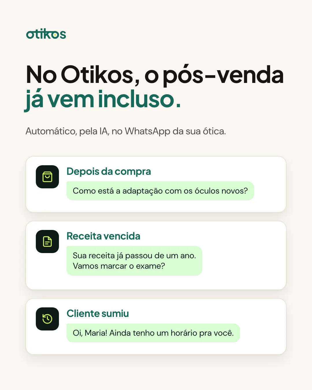 Slide: No Otikos, o pós-venda já vem incluso. Mensagens de depois da compra, receita vencida e cliente que sumiu, pela IA no WhatsApp da ótica.