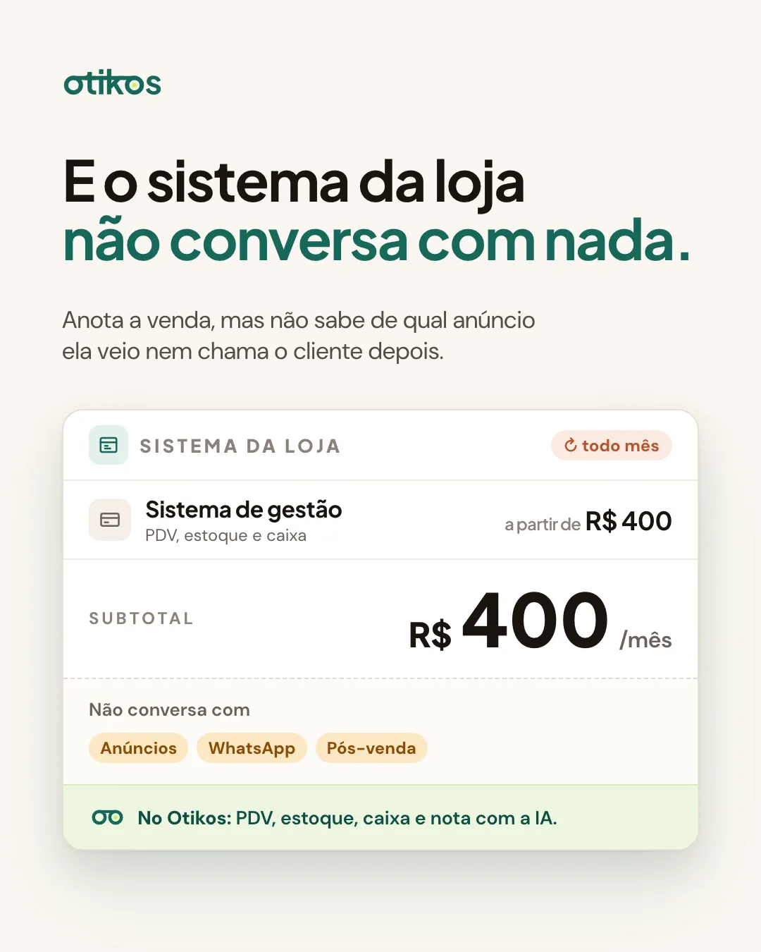 Slide: E o sistema da loja não conversa com nada. Sistema de gestão a partir de R$ 400, sem ligação com anúncios, WhatsApp e pós-venda.