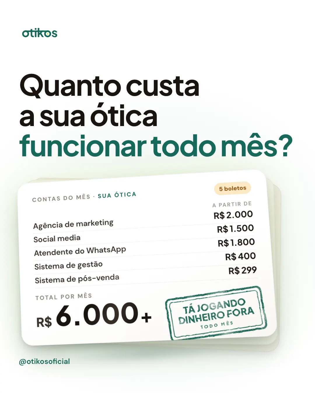 Capa do carrossel: Quanto custa a sua ótica funcionar todo mês? Conta com 5 boletos (agência, social media, atendente, sistema de gestão e pós-venda) somando R$ 6.000+ por mês.