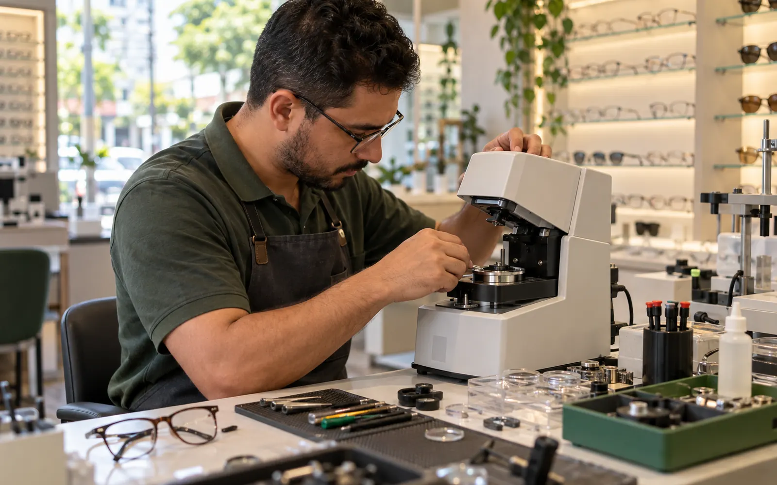 Técnico instalando um equipamento óptico genérico em uma bancada de ótica.