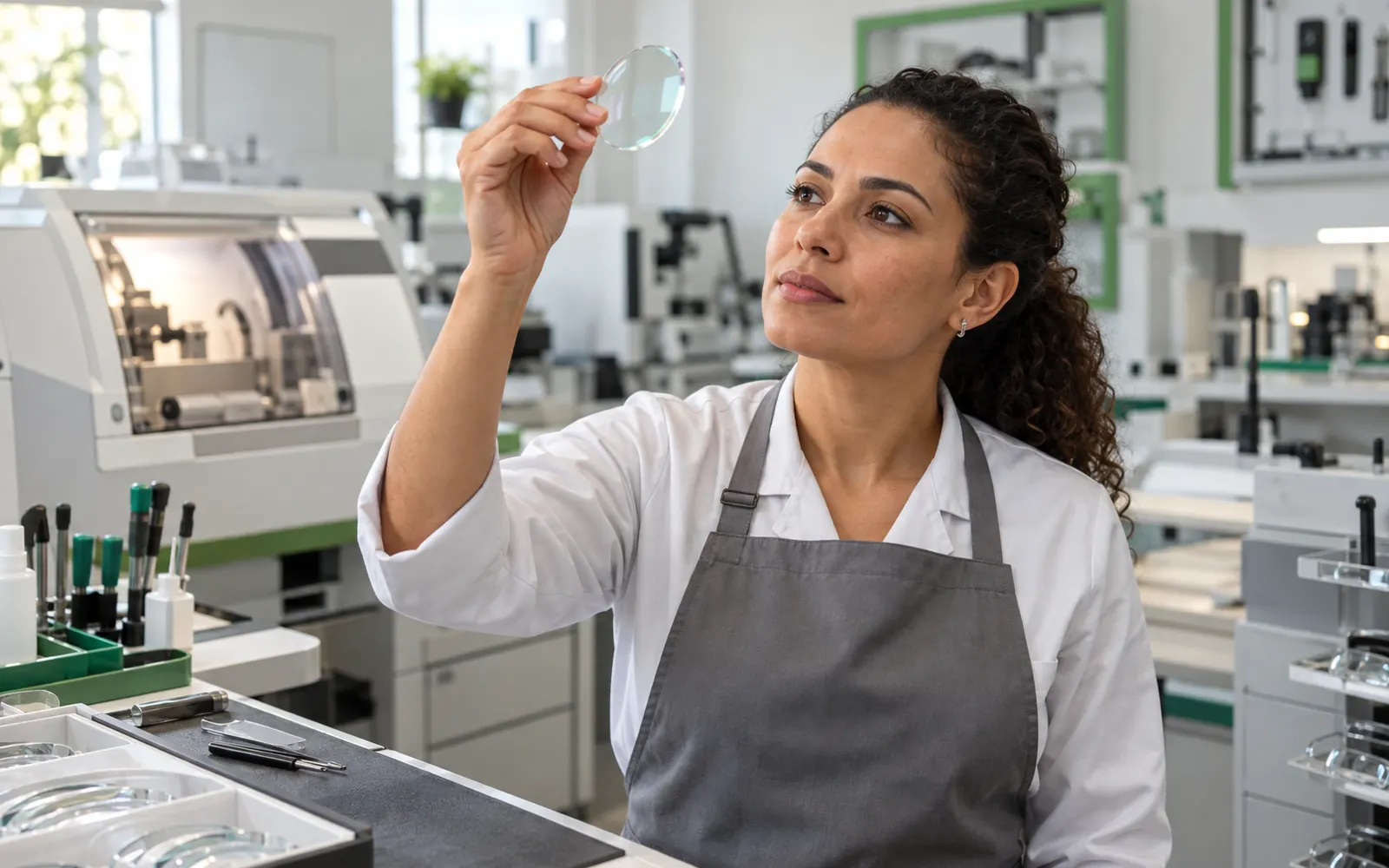 Técnico de laboratório segurando uma lente recém-lapidada contra a luz em uma bancada limpa.