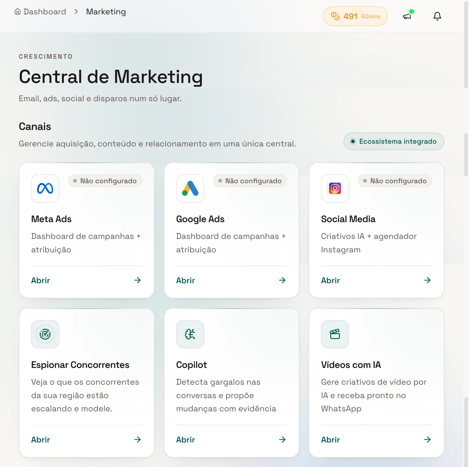 Central de Marketing do Otikos: os cartões de Meta Ads e Google Ads trazem dashboard de campanhas com atribuição.