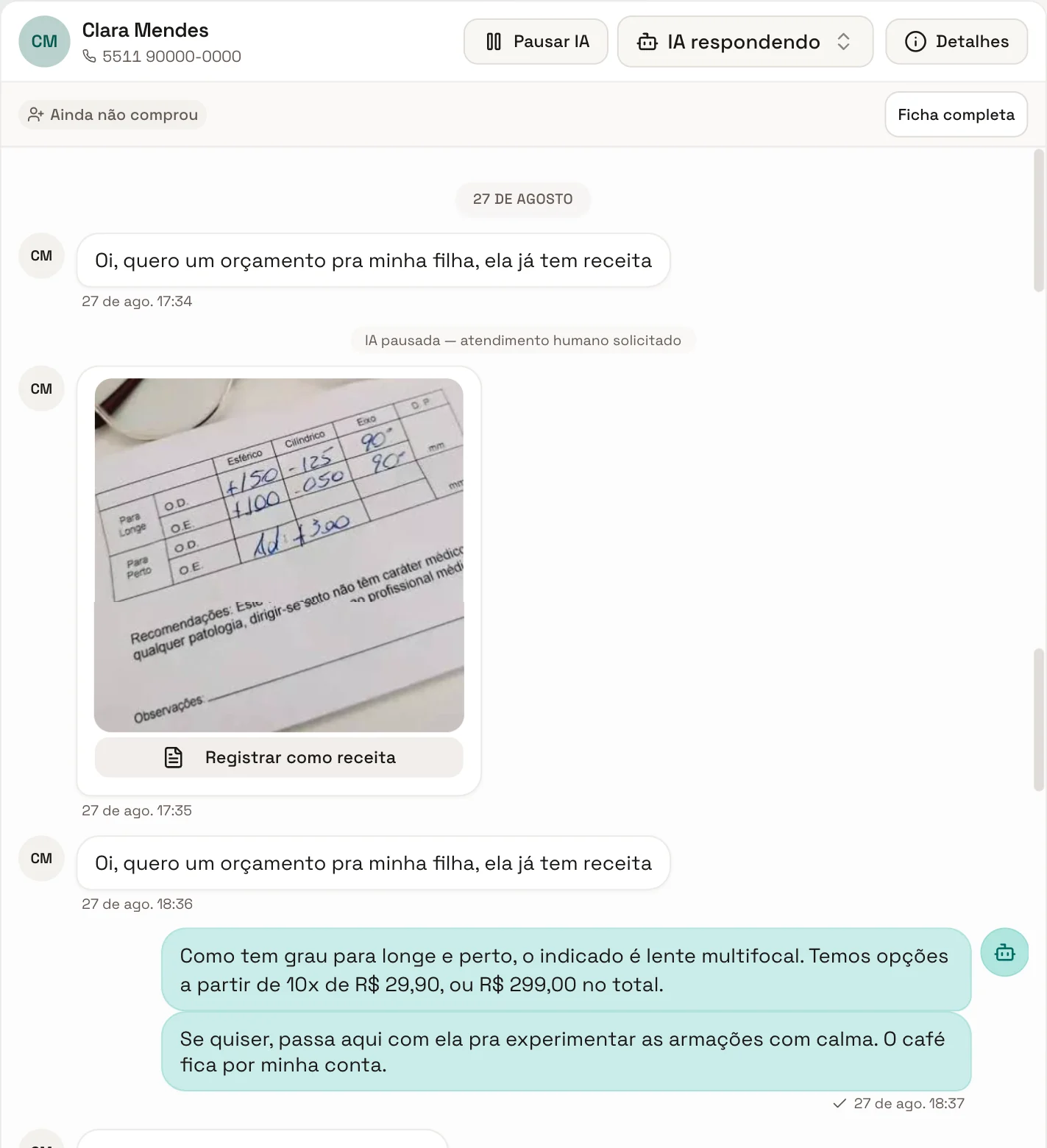 Cliente envia a foto da receita no WhatsApp e a IA responde com o valor da lente multifocal.