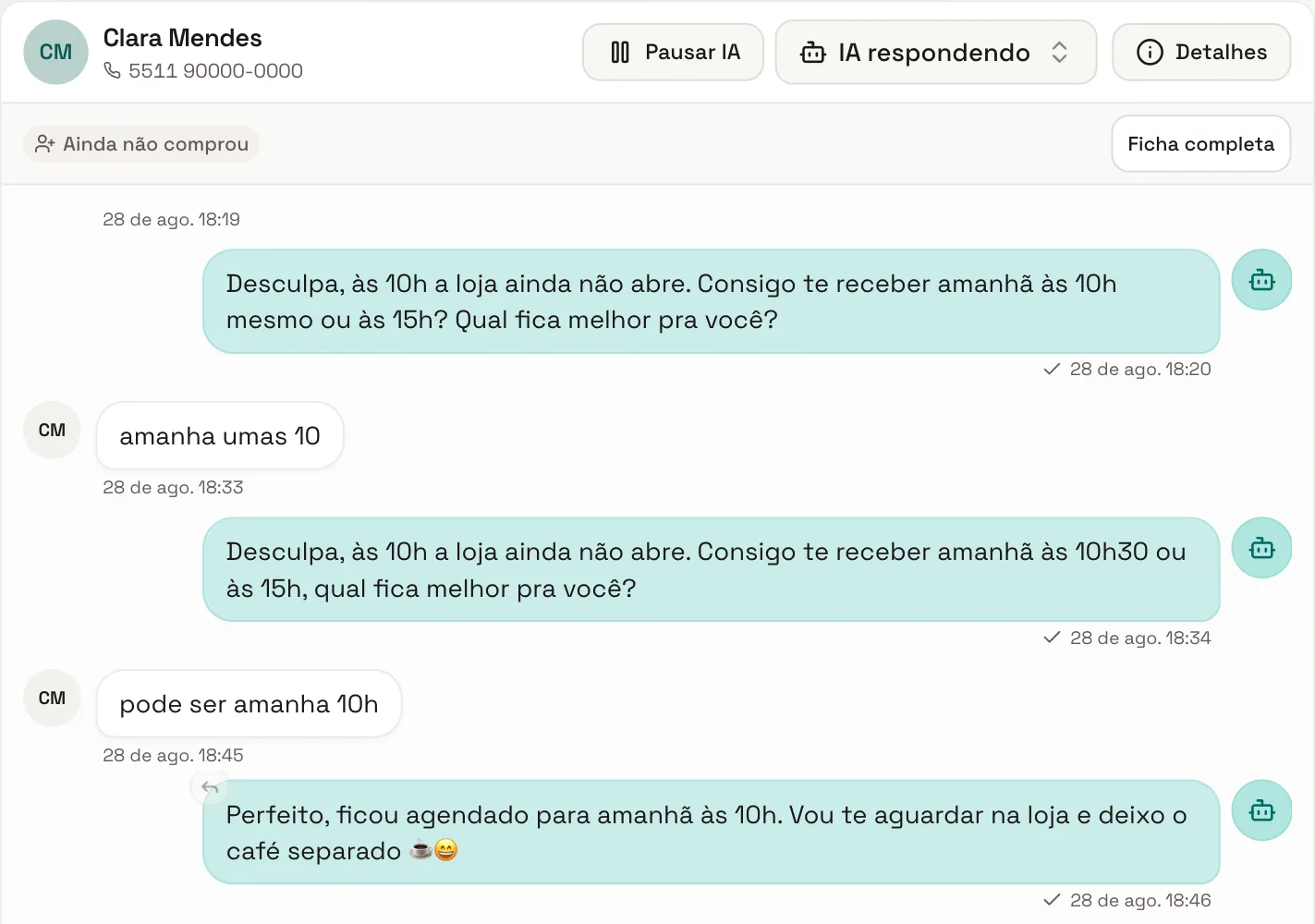 Conversa de WhatsApp em que a IA ajusta o horário e confirma o agendamento do cliente.