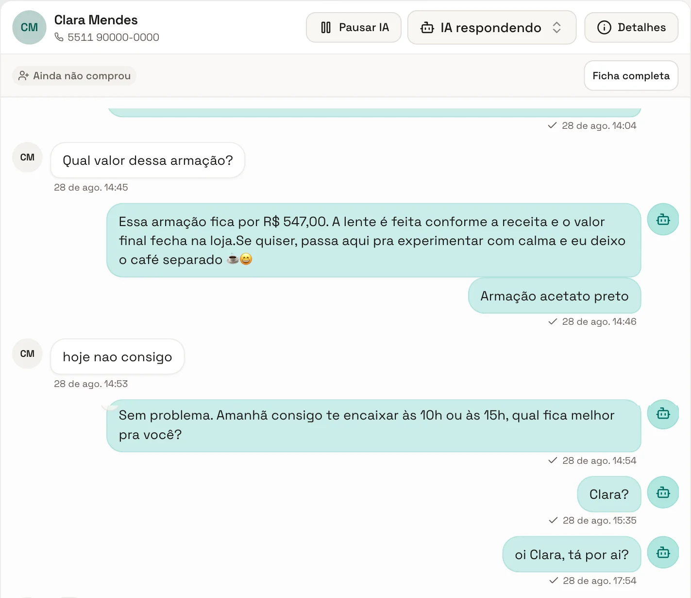 Conversa de WhatsApp em que a IA informa o valor da armação e remarca a visita do cliente.