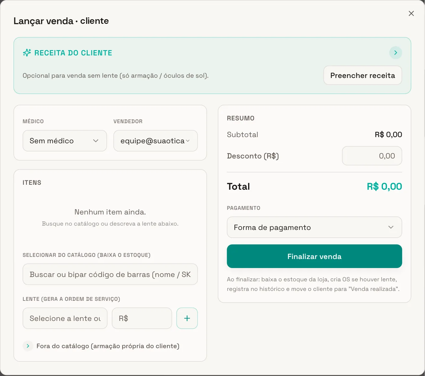 Tela de lançar venda do Otikos, com cliente, receita, itens e forma de pagamento.